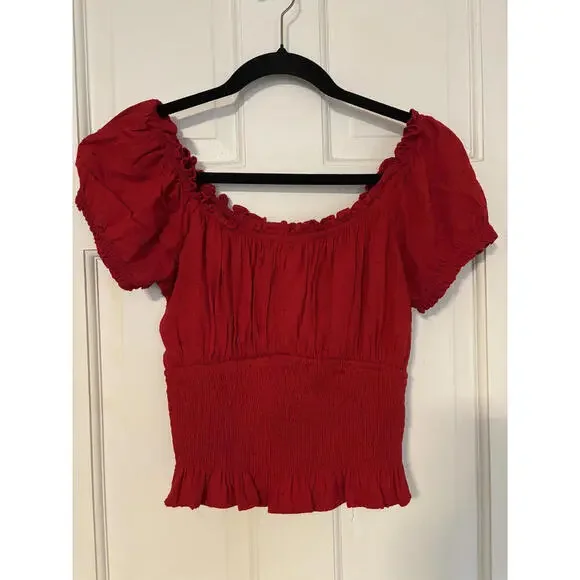 NEW Hollister Red Smocked Waist Short Sleeve Peasant Top L - Picture 1 of 6